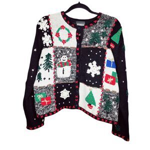 Womens Size Medium Chunky Knit Quilt Ugly Christmas Sweater Cardigan Snowman